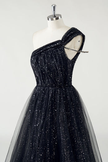 Glitzerndes Schwarzes Tüll Ballkleid in A-Linie mit einer Schulter und Pailletten und Schlitz