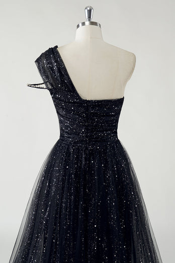 Glitzerndes Schwarzes Tüll Ballkleid in A-Linie mit einer Schulter und Pailletten und Schlitz