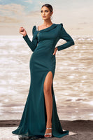 Laden Sie das Bild in den Galerie-Viewer, Dunkelgrünes Meerjungfrauen Ballkleid mit langen Ärmeln und Schlitz