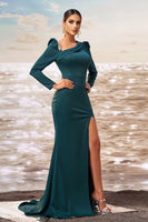 Laden Sie das Bild in den Galerie-Viewer, Dunkelgrünes Meerjungfrauen Ballkleid mit langen Ärmeln und Schlitz