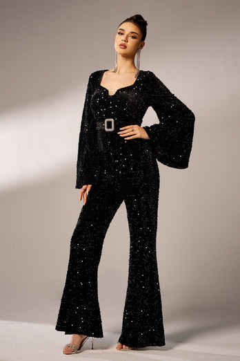 Schwarzer Pailletten Jumpsuit mit langen Ärmeln und Gürtel