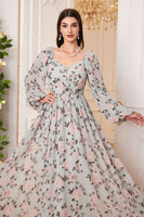 Laden Sie das Bild in den Galerie-Viewer, A Linie Grünes langärmeliges Ballkleid mit Blumendruck