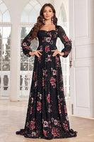 Laden Sie das Bild in den Galerie-Viewer, A Linie Langes Ballkleid mit langen Ärmeln und Blumendruck