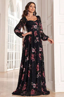 Laden Sie das Bild in den Galerie-Viewer, A Linie Langes Ballkleid mit langen Ärmeln und Blumendruck