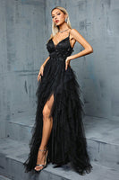 Laden Sie das Bild in den Galerie-Viewer, Glitzernde Spaghettiträger Graublaues A-Linie Tüll Ballkleid