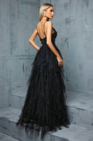 Laden Sie das Bild in den Galerie-Viewer, Glitzernde Spaghettiträger Graublaues A-Linie Tüll Ballkleid