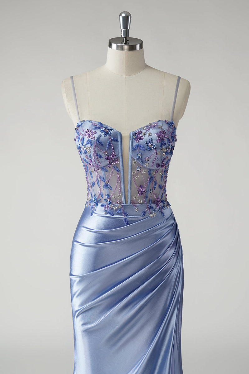 Laden Sie das Bild in den Galerie-Viewer, Glitzerndes blaues Meerjungfrauen Satin Blumen Ballkleid mit Schlitz