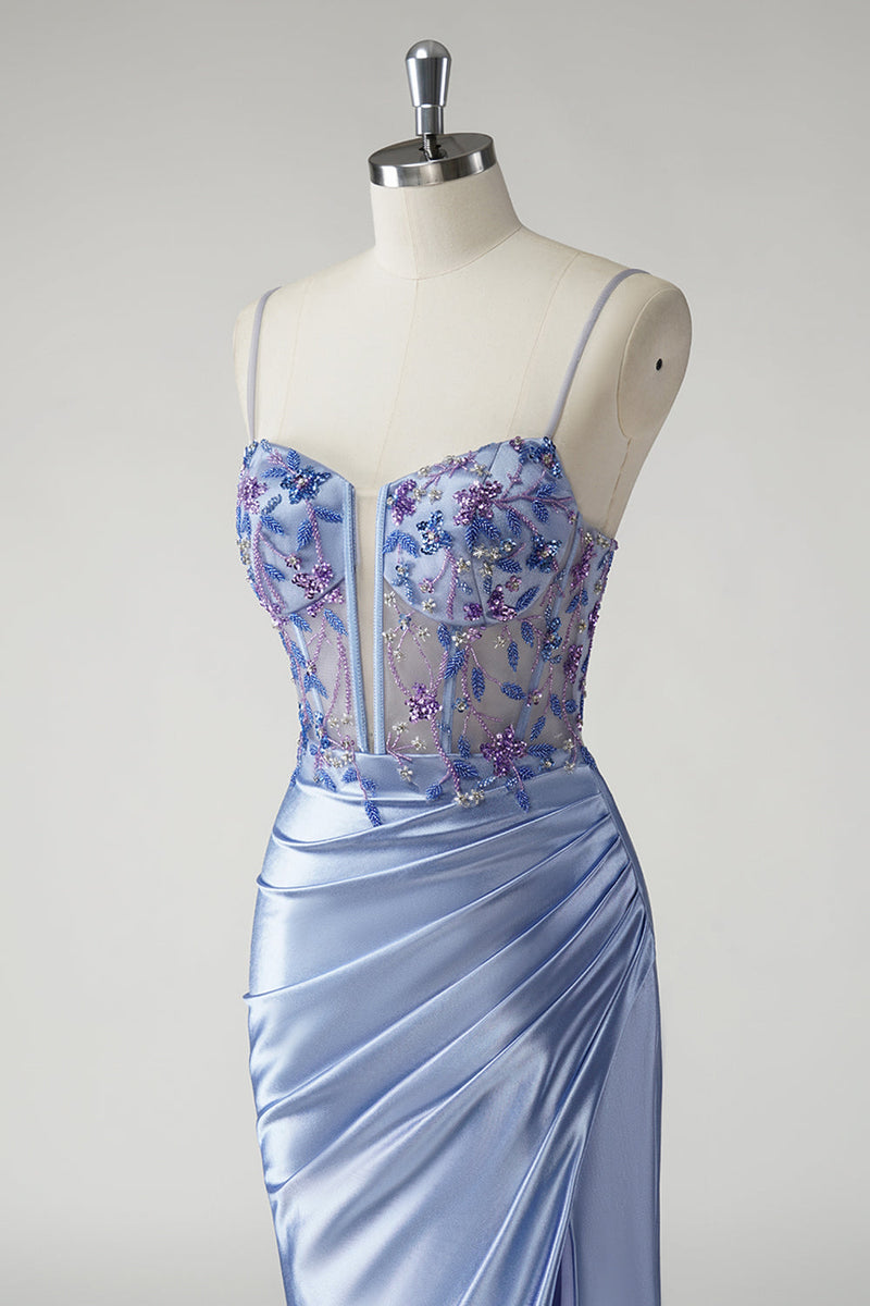 Laden Sie das Bild in den Galerie-Viewer, Glitzerndes blaues Meerjungfrauen Satin Blumen Ballkleid mit Schlitz