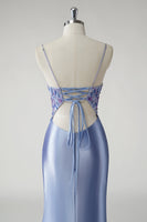 Laden Sie das Bild in den Galerie-Viewer, Glitzerndes blaues Meerjungfrauen Satin Blumen Ballkleid mit Schlitz