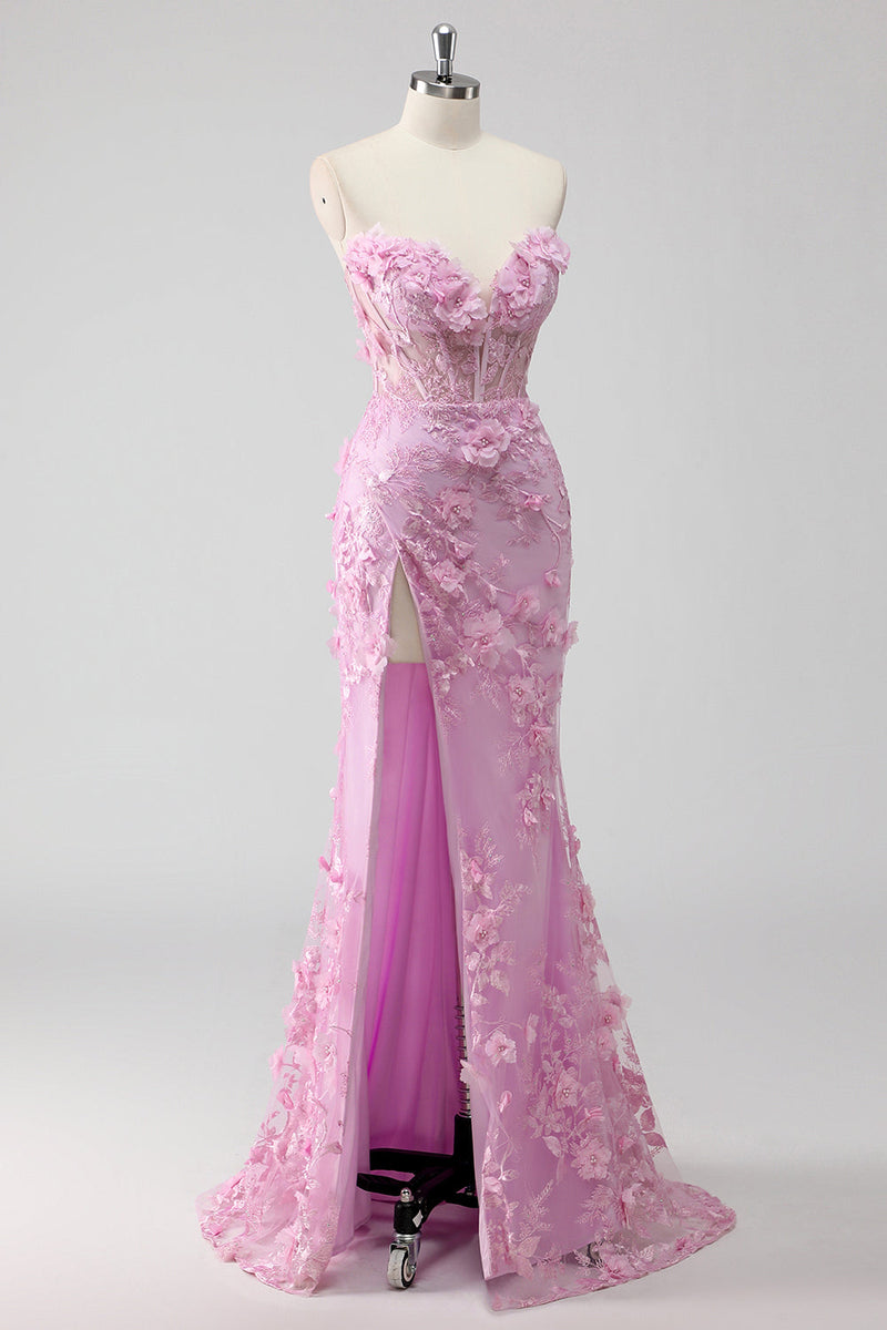 Laden Sie das Bild in den Galerie-Viewer, Flieder Trägerloses Meerjungfrauen Ballkleid mit Applikation und Schlitz