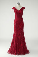 Laden Sie das Bild in den Galerie-Viewer, Grünes Meerjungfrau Applikationen V-Ausschnitt Pailletten Flügelärmel Ballkleid