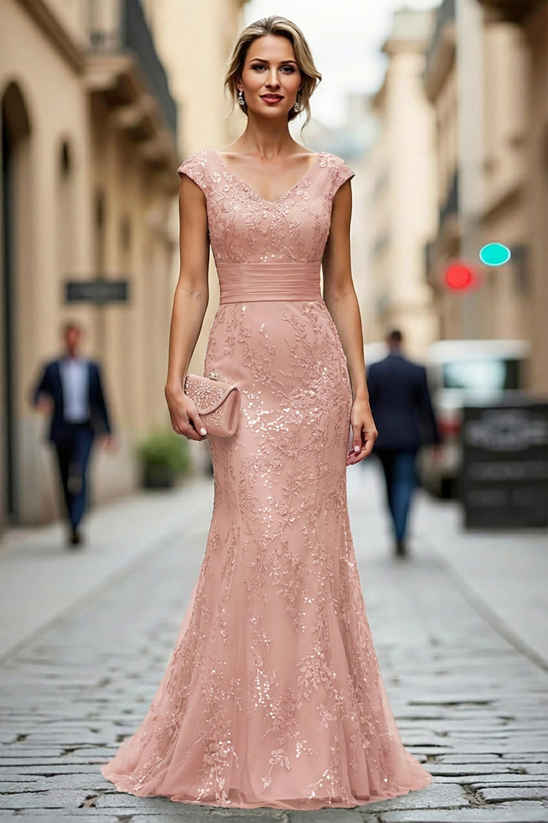 Laden Sie das Bild in den Galerie-Viewer, Dunkelrotes Meerjungfrauen V-Ausschnitt Besticktes Mutter der Braut Kleid mit Pailletten