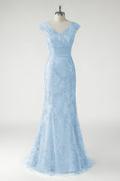 Laden Sie das Bild in den Galerie-Viewer, Grünes Meerjungfrau Applikationen V-Ausschnitt Pailletten Flügelärmel Ballkleid