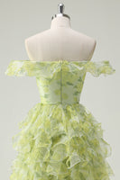 Laden Sie das Bild in den Galerie-Viewer, Dusty Sage Blumen Rüschen A-Linie Langes Ballkleid mit quadratischem Ausschnitt