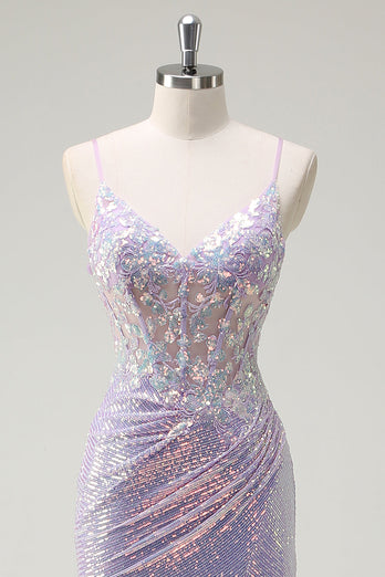 Glitzerndes Korsett Lila Meerjungfrau Spaghettiträger Ballkleid mit Schlitz