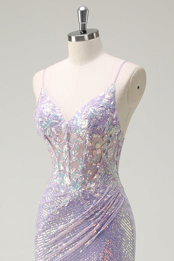 Glitzerndes Korsett Lila Meerjungfrau Spaghettiträger Ballkleid mit Schlitz