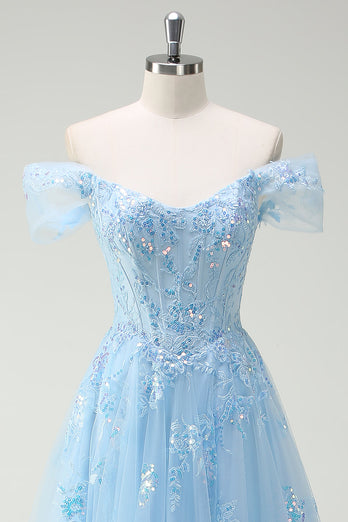 Glitzerndes himmelblaues schulterfreies A-Linie Ballkleid mit Schlitz