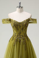 Laden Sie das Bild in den Galerie-Viewer, A-Linie Armeegrünes Schulterfreies Langes Ballkleid mit Schlitz