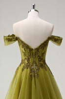 Laden Sie das Bild in den Galerie-Viewer, A-Linie Armeegrünes Schulterfreies Langes Ballkleid mit Schlitz