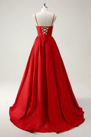 Laden Sie das Bild in den Galerie-Viewer, Rotes Spaghettiträger Langes Ballkleid mit Schlitz und Schnürung