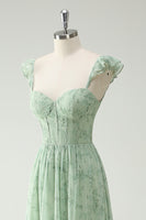 Laden Sie das Bild in den Galerie-Viewer, A Linie Grüne Blume Rüschen Träger Langes Korsett Ballkleid mit Schlitz