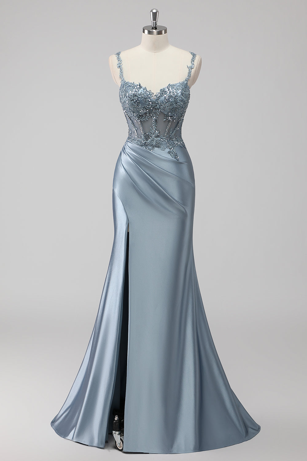 Graublaues Langes Meerjungfrauen Pailletten Satin Abendkleid mit Schlitz