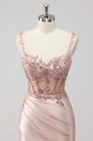 Laden Sie das Bild in den Galerie-Viewer, Blush Satin Meerjungfrauen Pailletten Langes Ballkleid mit Schlitz