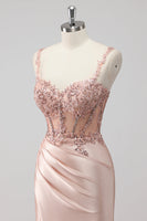 Laden Sie das Bild in den Galerie-Viewer, Blush Satin Meerjungfrauen Pailletten Langes Ballkleid mit Schlitz