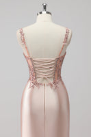 Laden Sie das Bild in den Galerie-Viewer, Blush Satin Meerjungfrauen Pailletten Langes Ballkleid mit Schlitz