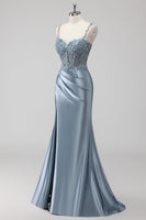 Laden Sie das Bild in den Galerie-Viewer, Blush Satin Meerjungfrauen Pailletten Langes Ballkleid mit Schlitz