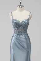 Laden Sie das Bild in den Galerie-Viewer, Blush Satin Meerjungfrauen Pailletten Langes Ballkleid mit Schlitz