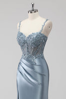 Laden Sie das Bild in den Galerie-Viewer, Blush Satin Meerjungfrauen Pailletten Langes Ballkleid mit Schlitz