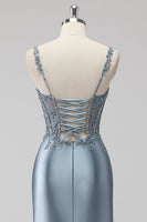 Laden Sie das Bild in den Galerie-Viewer, Blush Satin Meerjungfrauen Pailletten Langes Ballkleid mit Schlitz