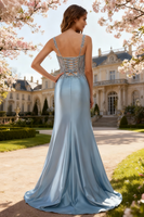 Laden Sie das Bild in den Galerie-Viewer, Blush Satin Meerjungfrauen Pailletten Langes Ballkleid mit Schlitz