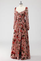 Laden Sie das Bild in den Galerie-Viewer, Dusty Rose Blumen Korsett A Linie Langärmeliges Hochzeitsgastkleid mit Schlitz
