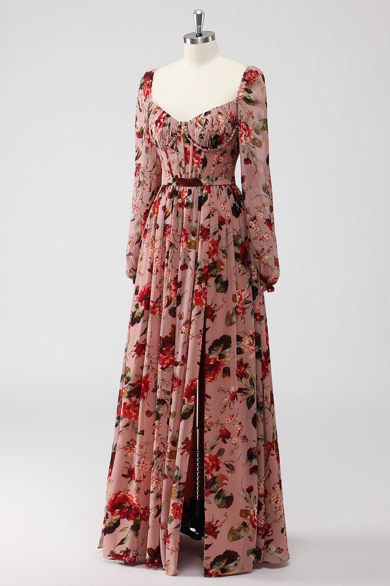 Laden Sie das Bild in den Galerie-Viewer, Dusty Rose Blumen Korsett A Linie Langärmeliges Hochzeitsgastkleid mit Schlitz