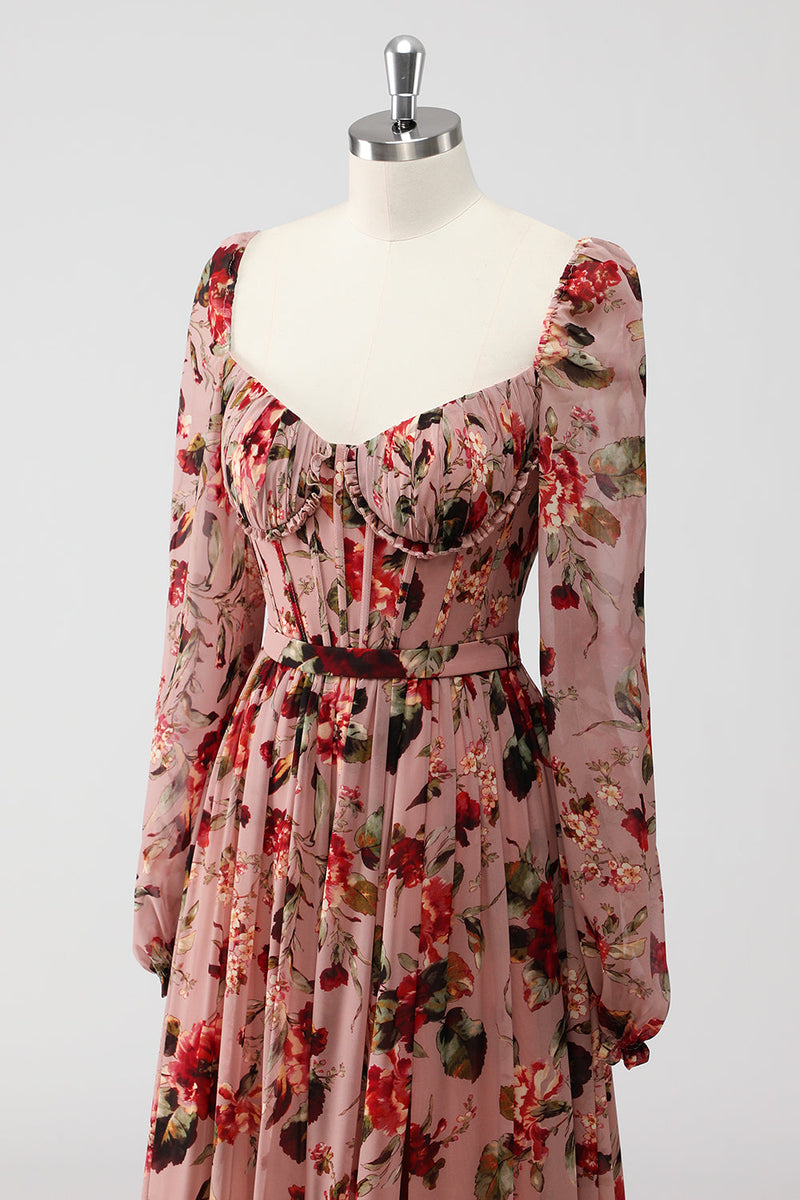 Laden Sie das Bild in den Galerie-Viewer, Dusty Rose Blumen Korsett A Linie Langärmeliges Hochzeitsgastkleid mit Schlitz