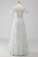 Laden Sie das Bild in den Galerie-Viewer, Weißes Geblümtes Kalte Schulter A Linie Hochzeitsgastkleid mit Schlitz
