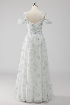 Weißes Geblümtes Kalte Schulter A Linie Hochzeitsgastkleid mit Schlitz