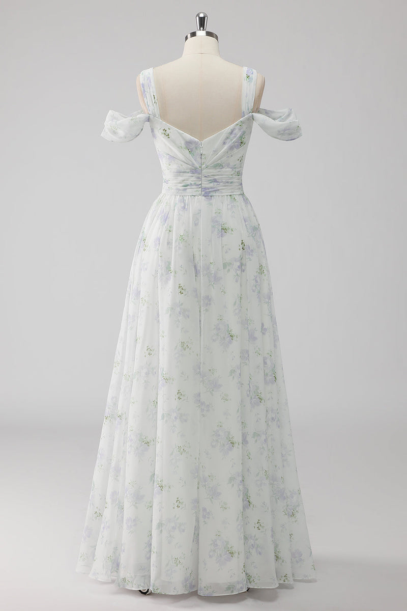 Laden Sie das Bild in den Galerie-Viewer, Weißes Geblümtes Kalte Schulter A Linie Hochzeitsgastkleid mit Schlitz