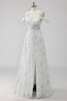 Laden Sie das Bild in den Galerie-Viewer, Weißes Geblümtes Kalte Schulter A Linie Hochzeitsgastkleid mit Schlitz