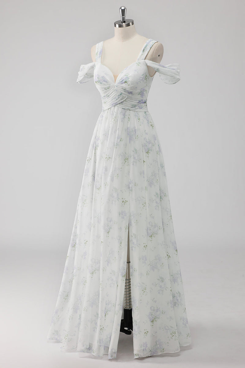 Laden Sie das Bild in den Galerie-Viewer, Weißes Geblümtes Kalte Schulter A Linie Hochzeitsgastkleid mit Schlitz