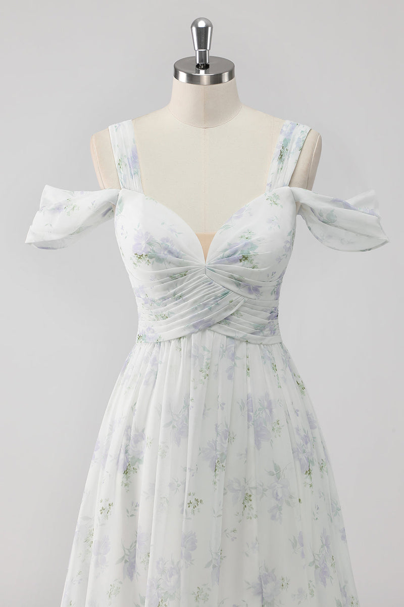 Laden Sie das Bild in den Galerie-Viewer, Weißes Geblümtes Kalte Schulter A Linie Hochzeitsgastkleid mit Schlitz