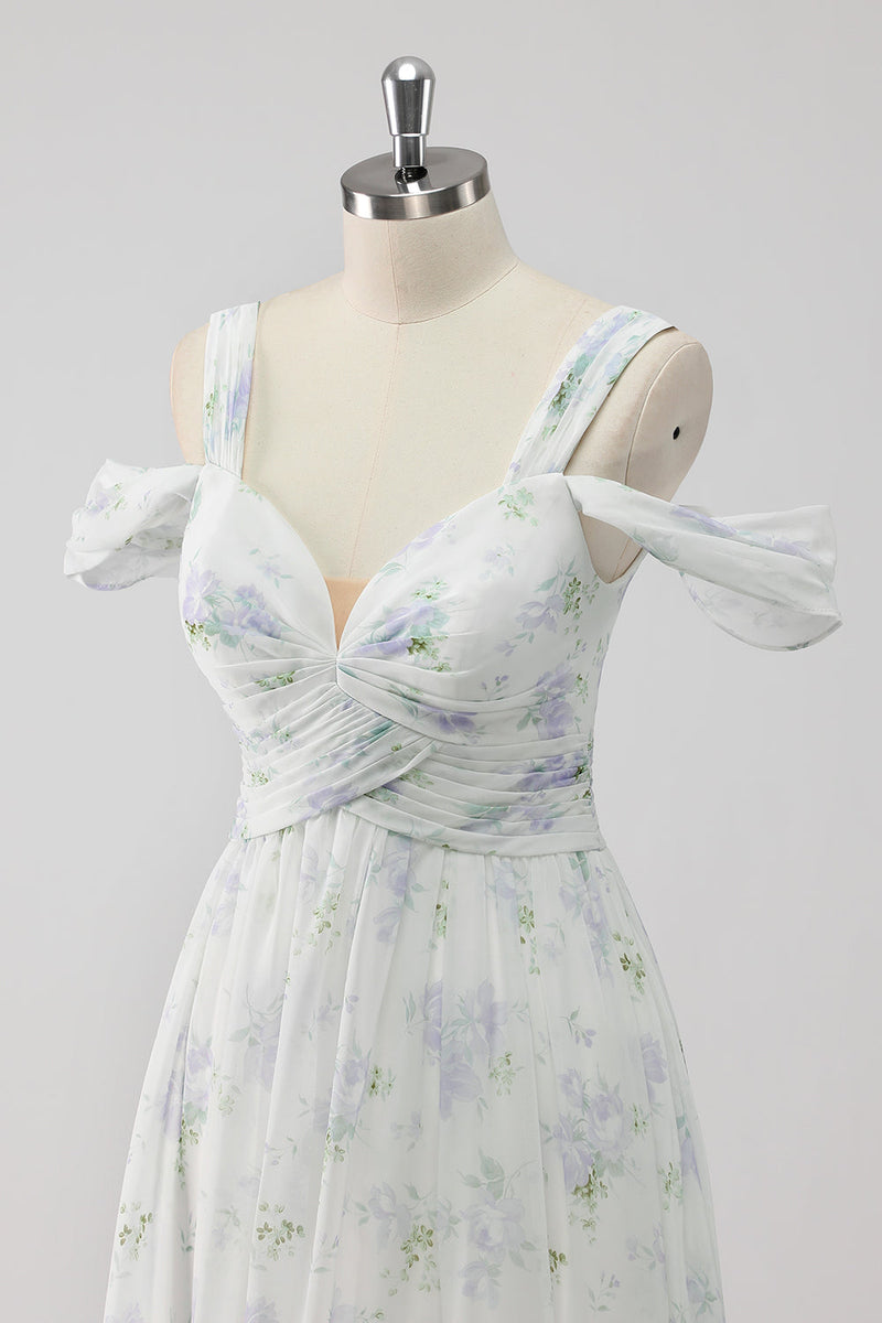 Laden Sie das Bild in den Galerie-Viewer, Weißes Geblümtes Kalte Schulter A Linie Hochzeitsgastkleid mit Schlitz