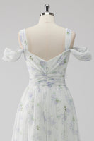 Laden Sie das Bild in den Galerie-Viewer, Weißes Geblümtes Kalte Schulter A Linie Hochzeitsgastkleid mit Schlitz