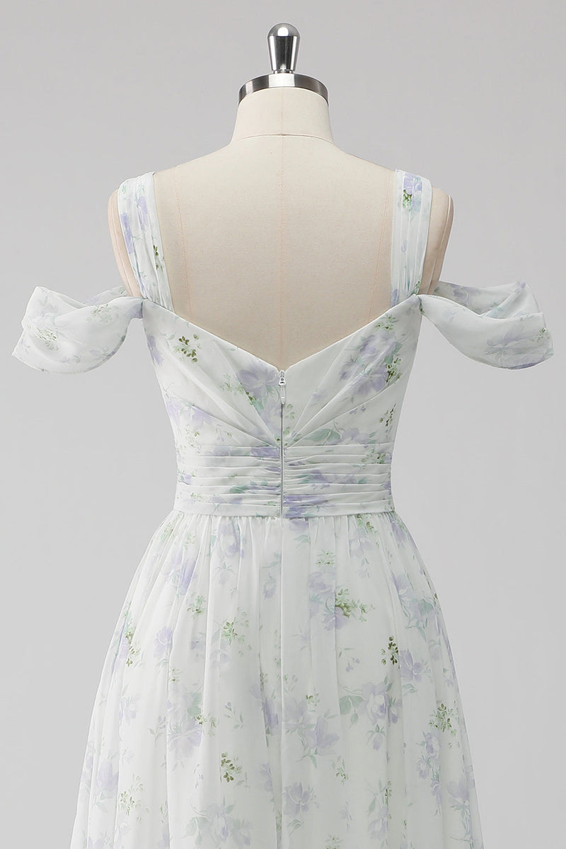 Laden Sie das Bild in den Galerie-Viewer, Weißes Geblümtes Kalte Schulter A Linie Hochzeitsgastkleid mit Schlitz