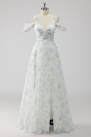 Laden Sie das Bild in den Galerie-Viewer, Weißes Geblümtes Kalte Schulter A Linie Hochzeitsgastkleid mit Schlitz