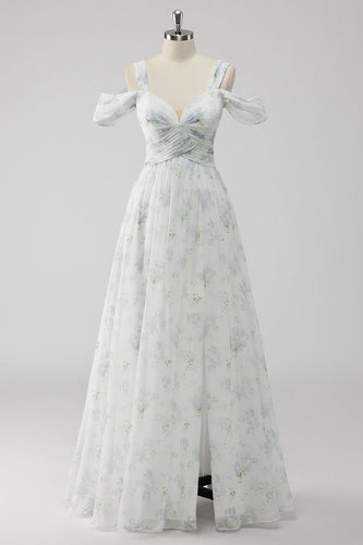 Weißes Geblümtes Kalte Schulter A Linie Hochzeitsgastkleid mit Schlitz