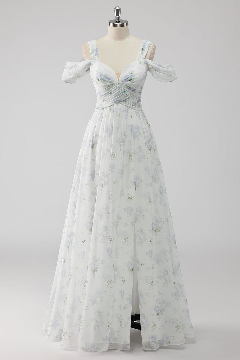 Laden Sie das Bild in den Galerie-Viewer, Weißes Geblümtes Kalte Schulter A Linie Hochzeitsgastkleid mit Schlitz