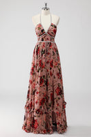 Laden Sie das Bild in den Galerie-Viewer, Dusty Rose Neckholder Blumen A Linie Hochzeitsgastkleid mit Schlitz